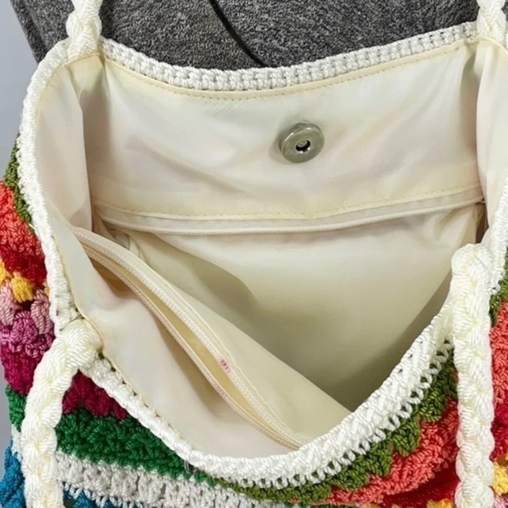 Lina Rainbow colored boho crocheted braided handle shoulder purse